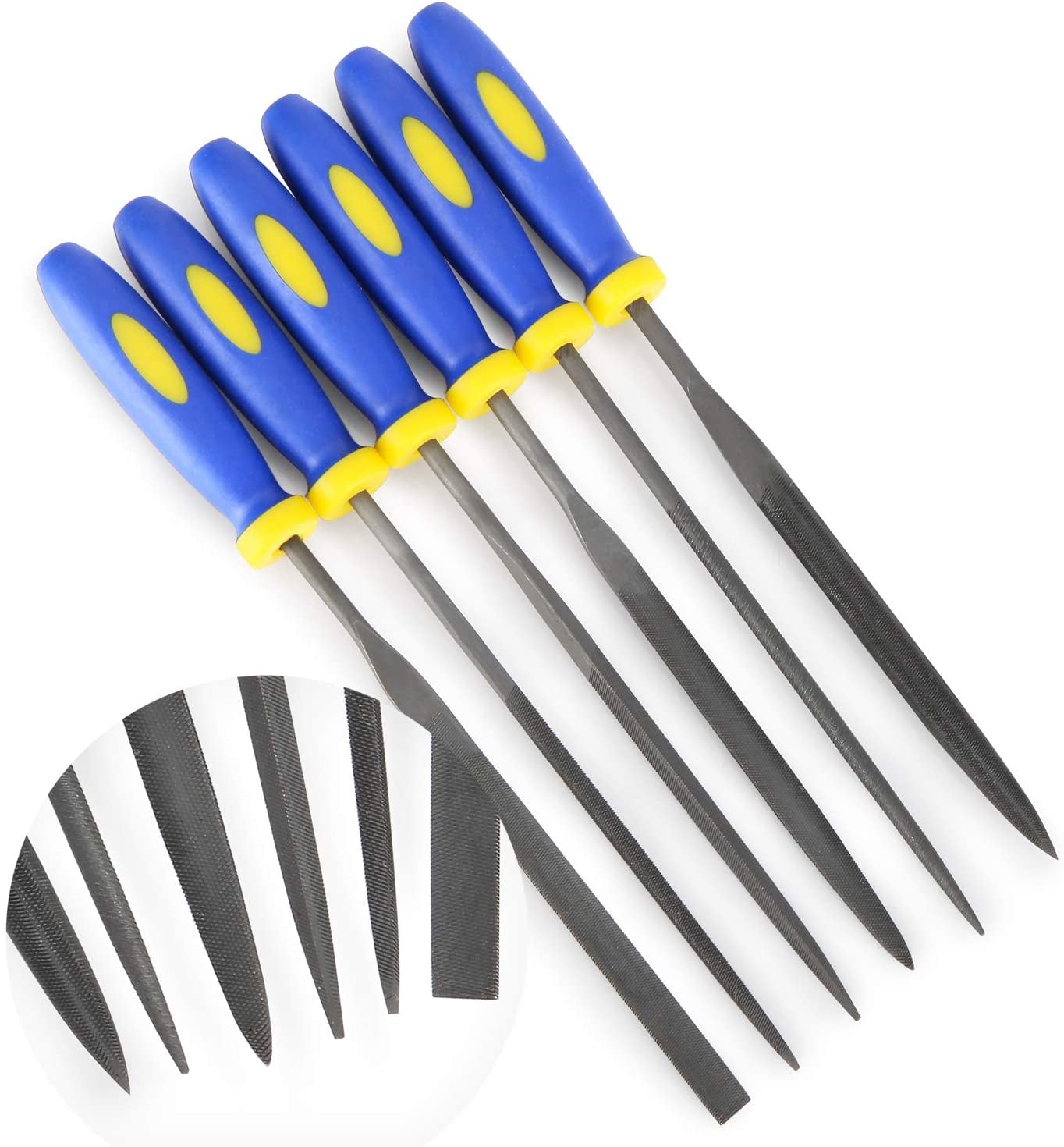 KALIM, MINI Needle File Set (Carbon Steel 6 Piece-Set) Hardened Alloy Strength Steel - Set Includes Flat, Flat Warding, Square, Triangular, Round, and Half-Round File(6'' Total Length)