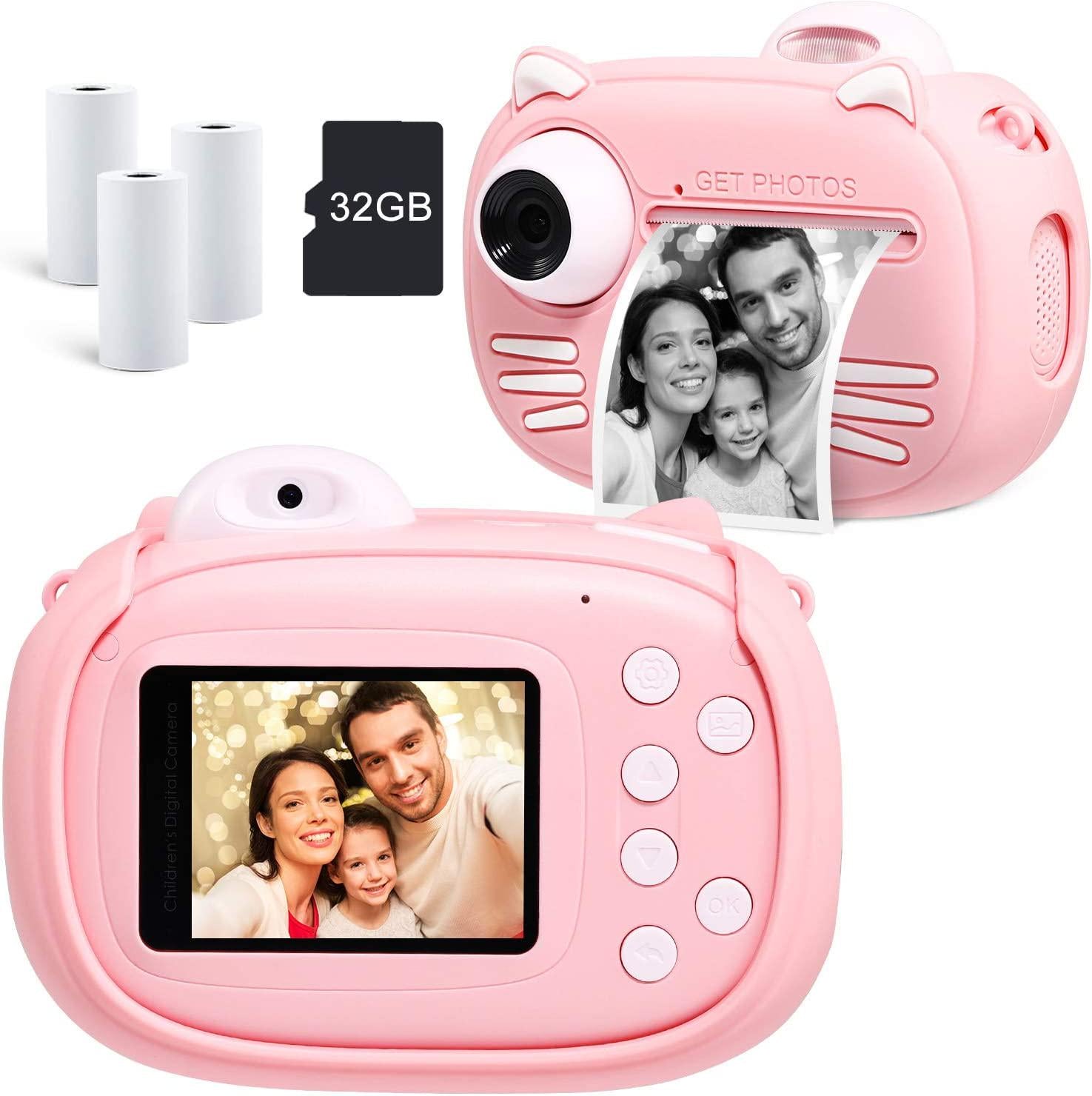 MINIBEAR, MINIBEAR Instant Print Camera for Kids with Print Paper, 40MP Zero Ink Digital Camera, 1080P Selfie Video Camera, Children Camera, Kids Camcorder with 2.4 Inch Screen and 32GB TF Card (Pink, D1)