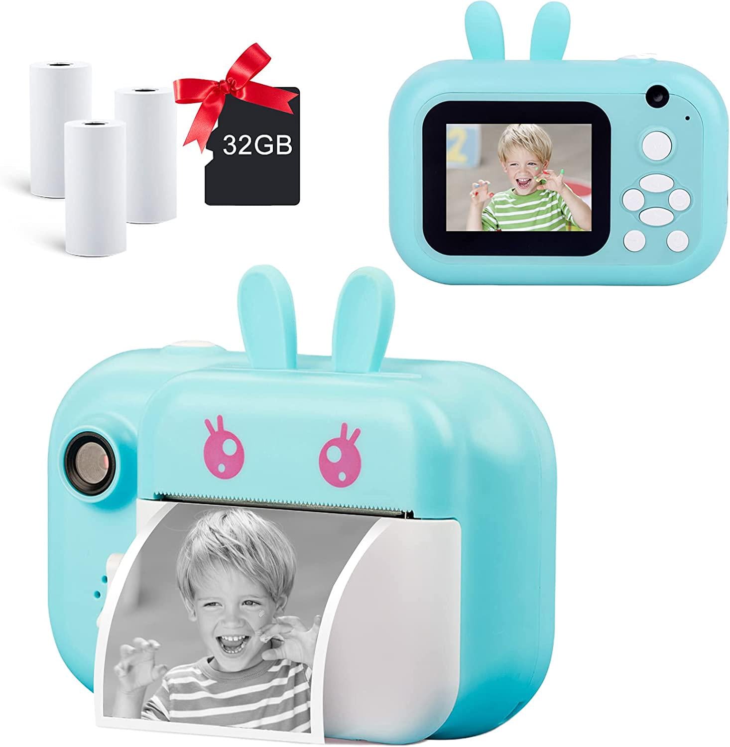 MINIBEAR, MINIBEAR Instant Print Camera for Kids with Print Paper, 40MP Zero Ink Digital Camera, Kids Selfie Video Camera, Child Toy Camera, Kids Camcorder with 2.4 Inch Screen and 32GB TF Card (Blue, H5)