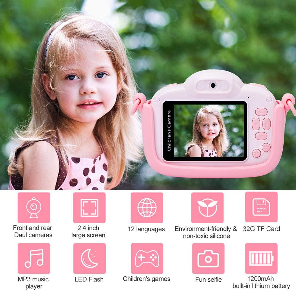 MINIBEAR, MINIBEAR Kids Digital Camera, 30MP Children's Selfie Camera for Boys and Girls, 1080P Rechargeable Video Recorder with 32GB SD Card and Children Games, 2.4 inch IPS Screen (Pink)