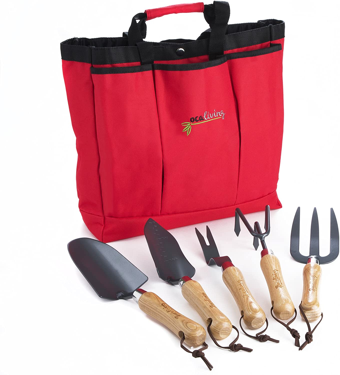 OCALIVING, OCALIVING Garden Tool Set- Gardening Tools -Planting Trowel, Fork, Weeder, Transplanter, Rake and 6 pocket Tote Storage Bag -Heavy Duty Kit for Adults -Gifts for Women and Men -Wood Handle Hand Tools